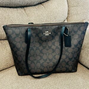 Coach Brown Signature Canvas Tote with Black Straps